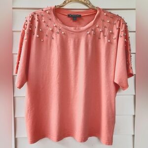 International Concepts Ladies Coral Peach Pearl Diamond Top Size Large